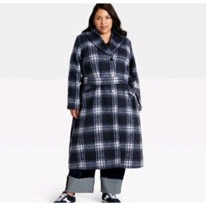 Coastal Grandmacore Ava & Viv Blue Plaid Belted Long Coat NWT Plus 2X Cozy
